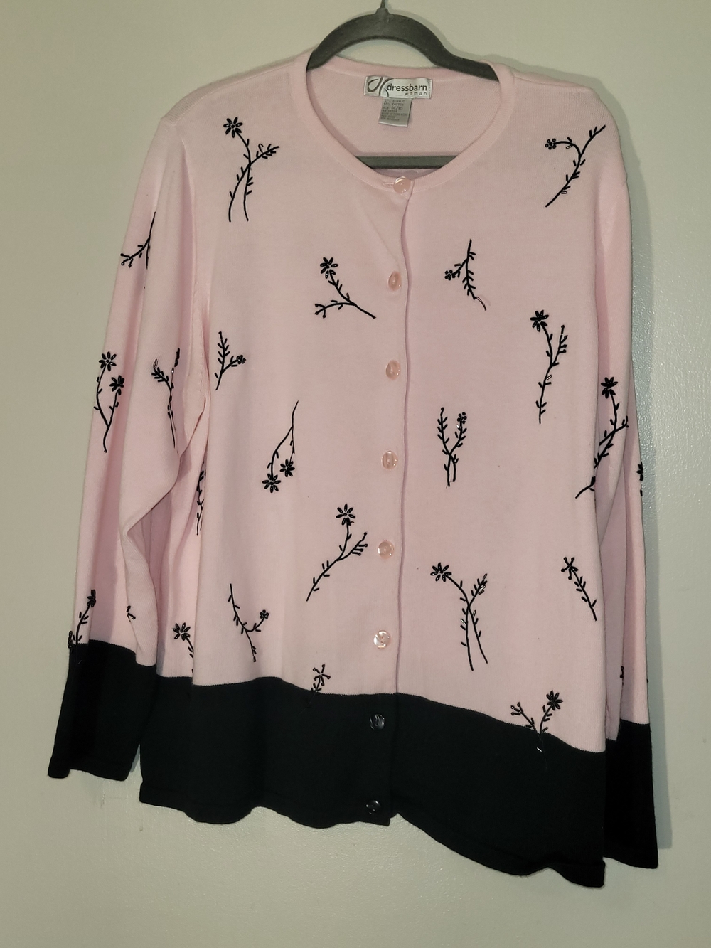 dressbarn Pink Cardigan with Black Floral Embroidery